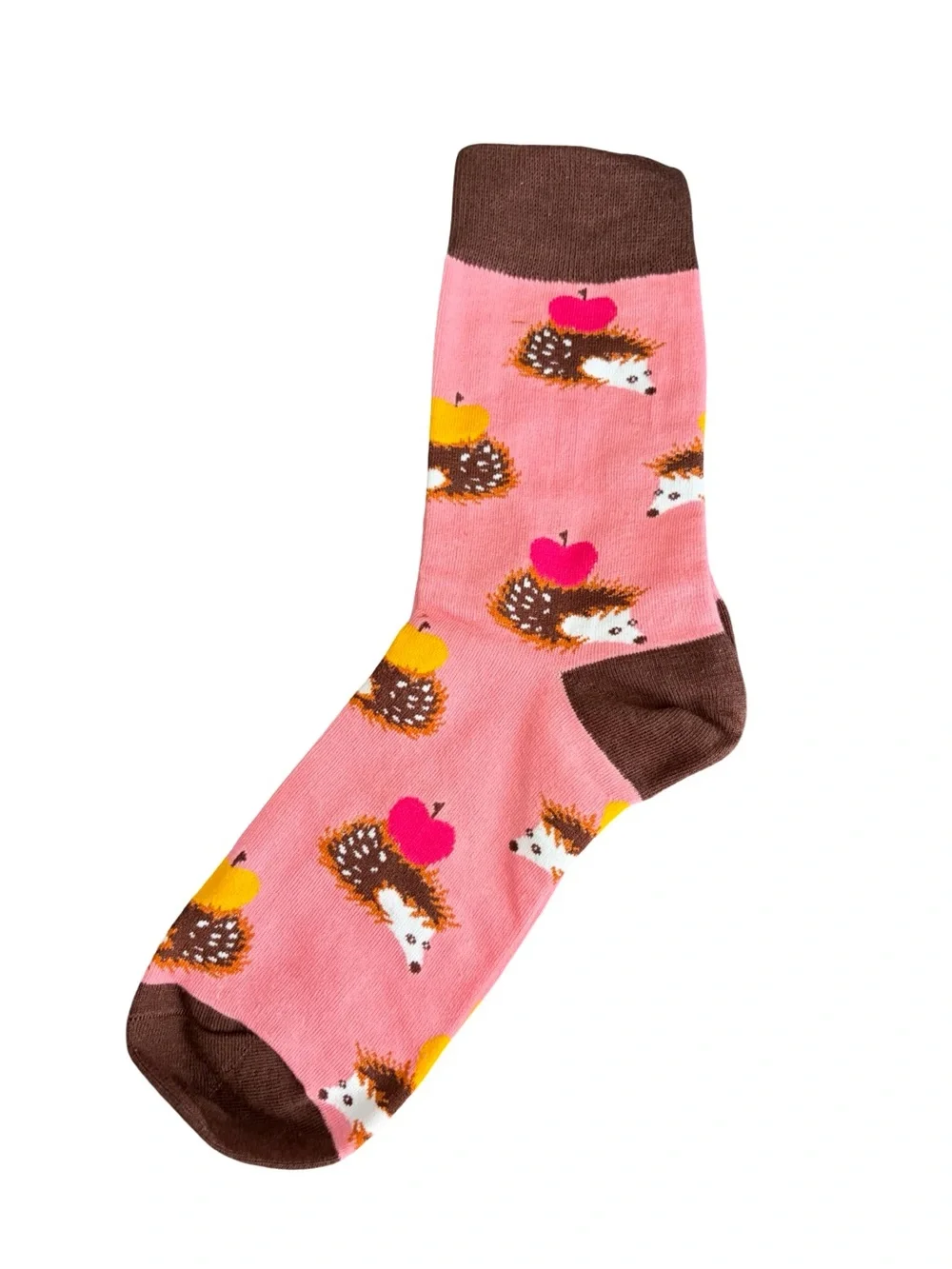 Hedgehog Apple Colorful Novelty Crew Socks Womens Pink and Brown